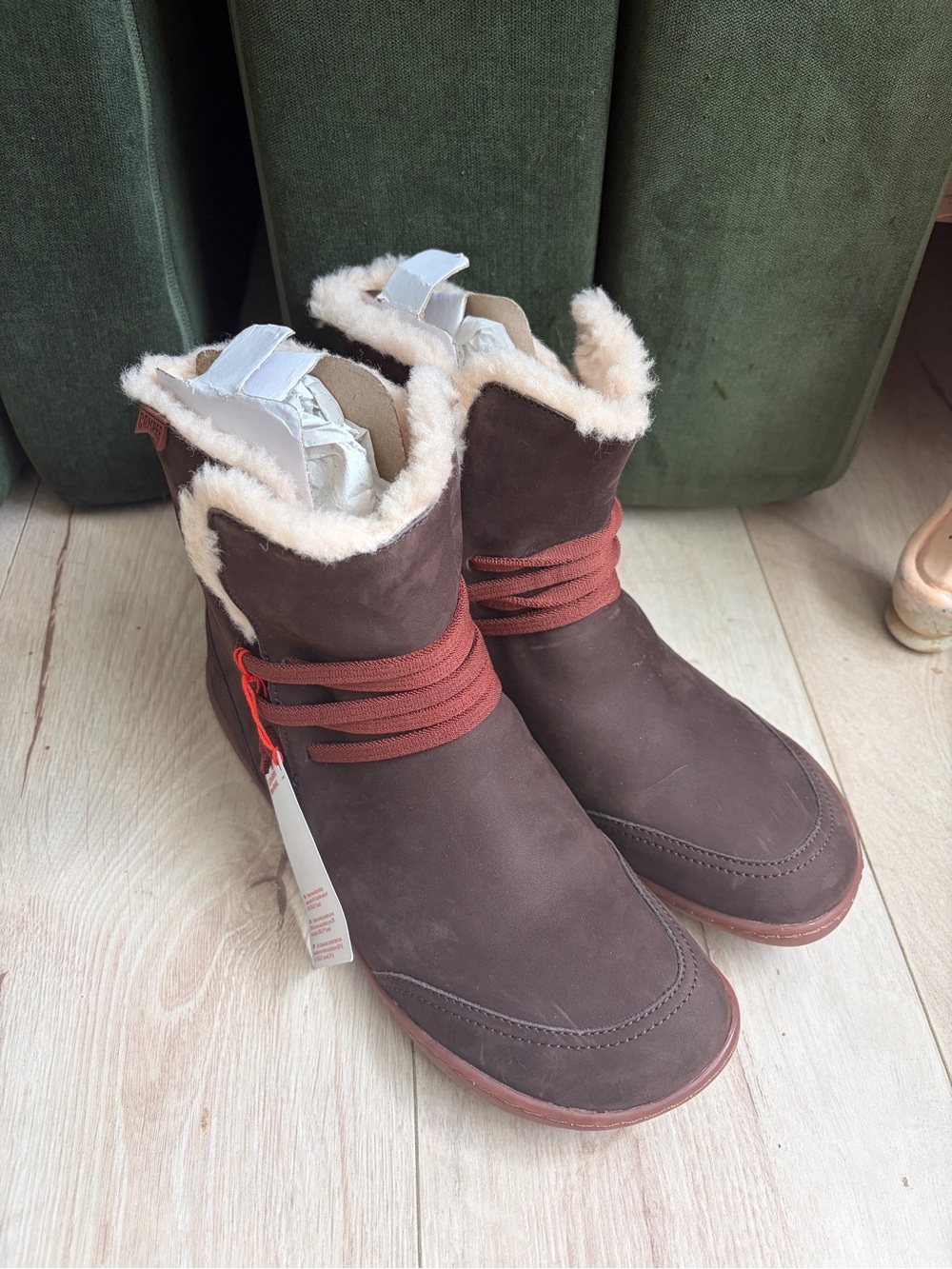 Camper Brown Suede Winter Boots with Rust Colored Laces